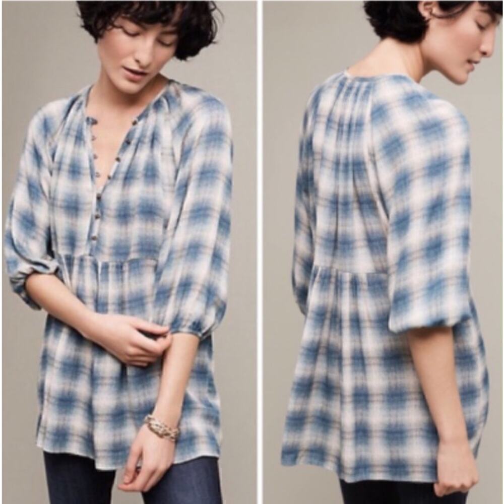 Maeve by Anthropologie Cavalon Blue Plaid Lagenlook Blouse Women’s Size XS